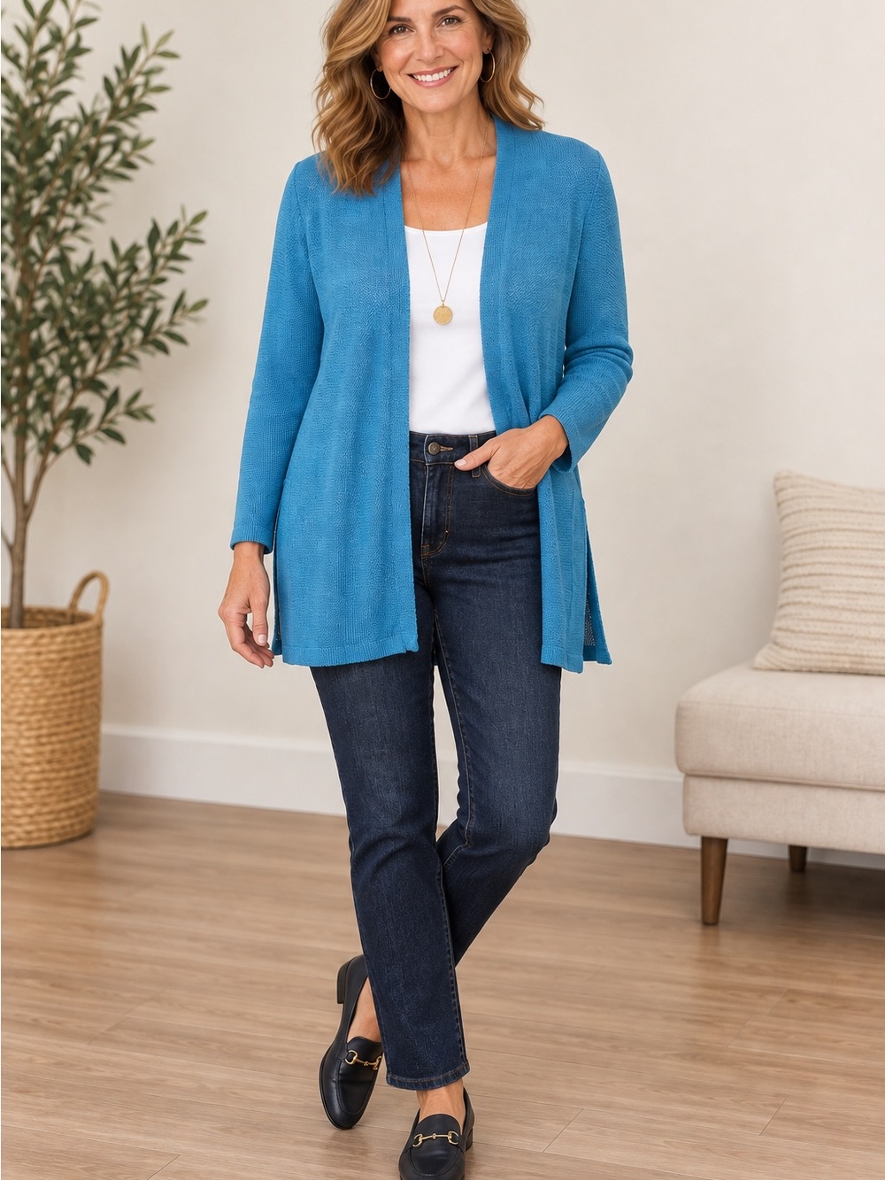 J.Jill Women’s Sz L Blue Linen Blend Open Front Cardigan Lightweight Long Sleeve